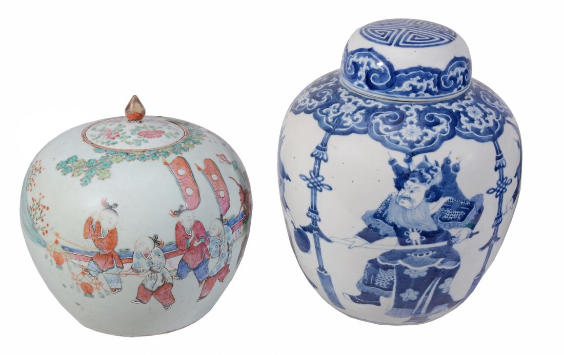 A large Chinese blue and white ginger jar and cover ,: A large Chinese blue and white ginger jar and cover , late 19th/20th century, 30cm high and a Chinese famille rose vase and cover , 20th century, 22cm high (2)