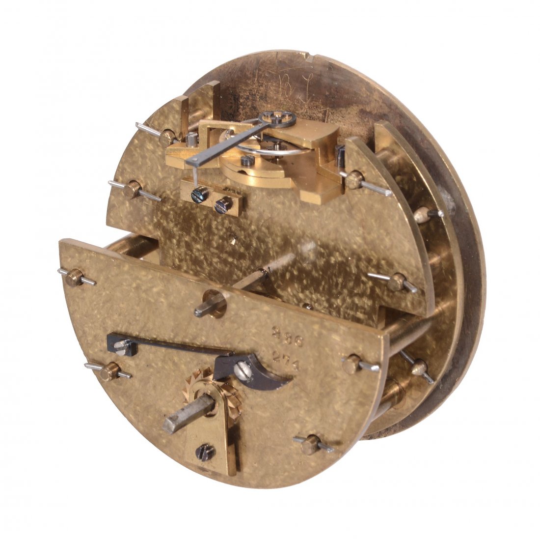 A Victorian nickel plated brass mortar cannon timepiece: A Victorian nickel plated brass mortar cannon timepiece movement, dial and barrel in the manner of Thomas Cole George Betjemann and Sons, circa 1873 The movement with horizontal gilt platform lever es