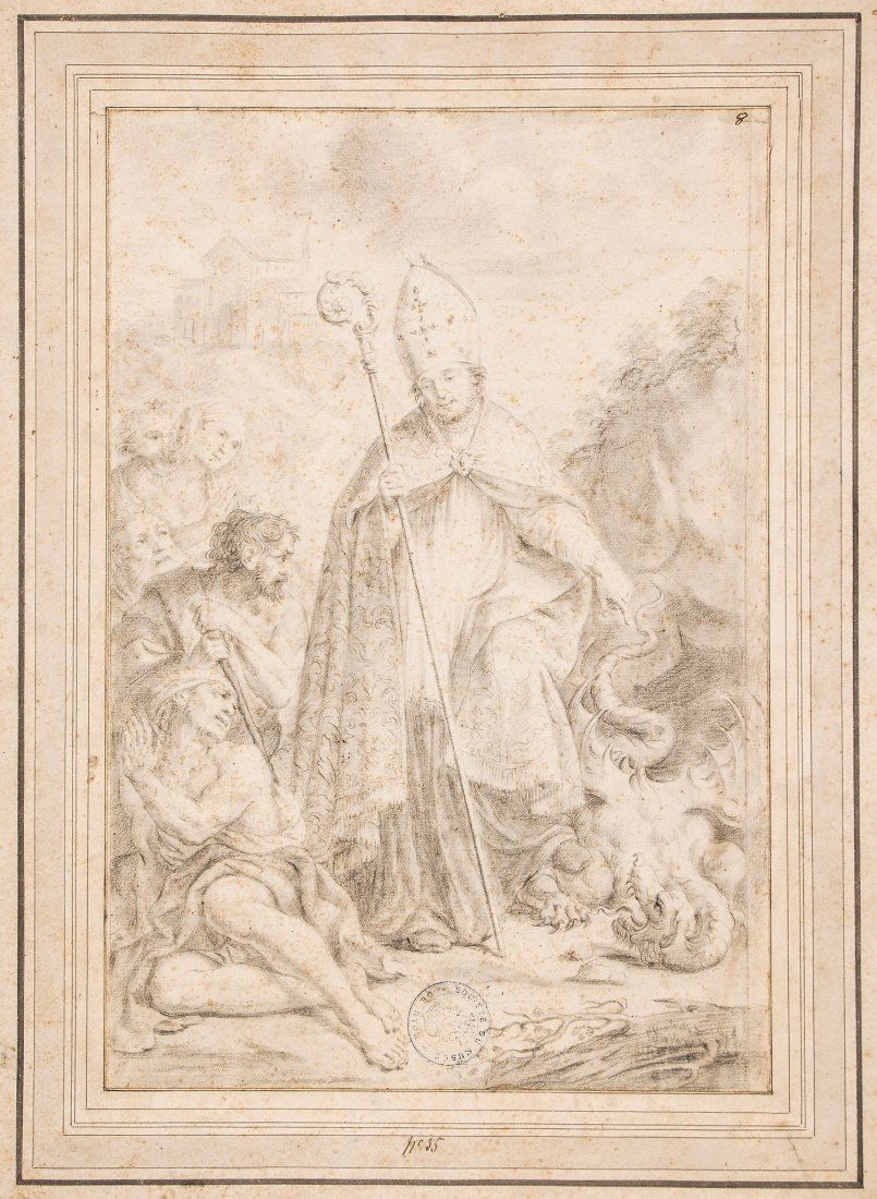Agostino Masucci (c.1690 - 1768) - Bernard of Menthon,: Black chalk, on laid paper, inset into contemporary mount with pen and black ink ruled borders Numbered 8 in pen and brown ink upper right, no.35 to mount lower centre , and inscribed Massucci by the