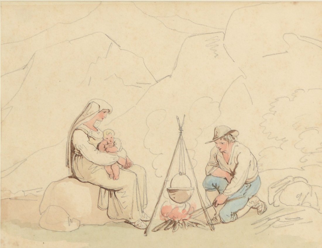 Bartolomeo Pinelli (1771-1835) - Italian family cooking: Watercolour, over pencil 16.5 x 21 cm. (6 1/2 x 8 1/4 in)