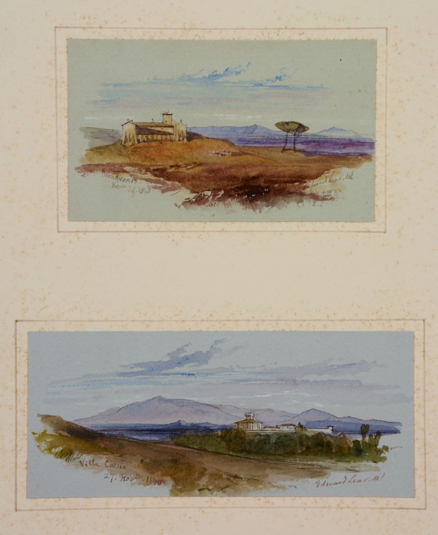 Edward Lear (1812 - 1888) - Buon Ricovero, 1843; Villa: A pair, watercolour, heightened with white, on light blue paper Both signed lower right, inscribed and dated Buon Ricovers, 1843, and Villa Caesia, 184 [?] 3 , respectively 8 x 14 cm. (3 1/8 x 5 1/2 i