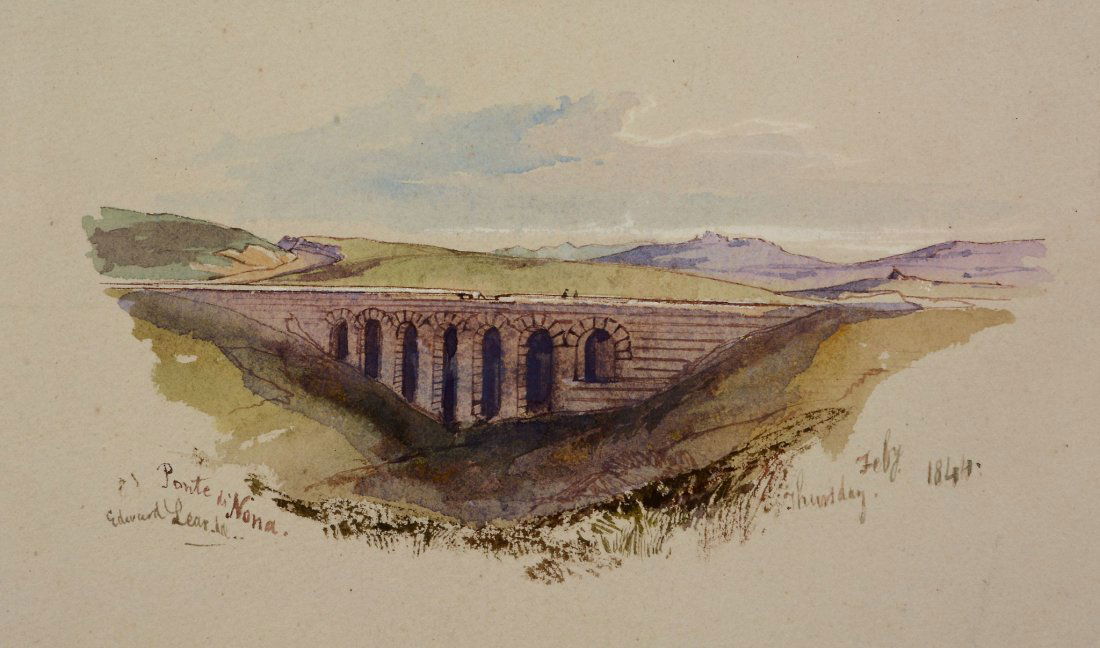 Edward Lear (1812 - 1888) - Ponte di Nona, 1844: Watercolour, over pencil, heightened with white, on light blue grey paper Signed and inscribed Ponte di Nona lower left, dated Thursday. Feby. 1844 lower right 11 x 18.5 cm. (4 1/4 x 7 1/4 in) Unframe