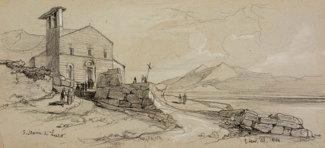 Edward Lear (1812 - 1888) - Santa Maria di Luco, 1844: Black chalk, pencil, heightened with white, on light grey paper Signed and dated 1844 lower right, inscribed S. Maria di Luco lower left 9.5 x 20 cm. (3 3/4 x 7 7/8 in) Unframed Provenance:John Scandr
