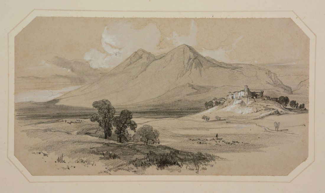 Edward Lear (1812 - 1888) - Albe, 1844: Black chalk, pencil, grey wash, heightened with white, on light buff paper Signed and dated 1844 lower right, inscribed Albe lower left 14 x 26 cm. (5 1/2 x 10 1/4 in), corners trimmed Unframed Proven