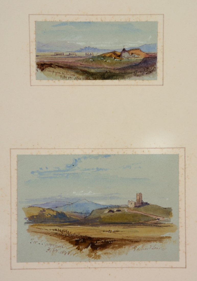 Edward Lear (1812 - 1888) - Campagna di Roma: A pair, watercolours, over pencil, with touches of white, both on light blue laid paper Both signed, dated 1844 , and inscribed Campagna di Roma , and [?] For S. G , respectively 4.5 x 9 cm. (1 3/4 x