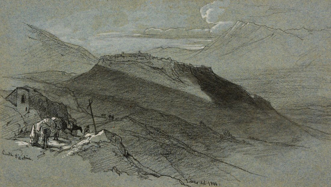 Edward Lear (1812 - 1888) - Civita d'Antino, 1844: Black chalk, pencil, heightened with white, on light blue paper Signed and dated 1844 lower right, inscribed Civita d'Antino lower left 16.5 x 28.5 cm. (6 1/2 x 11 1/4 in) Unframed Provenance:John Sca