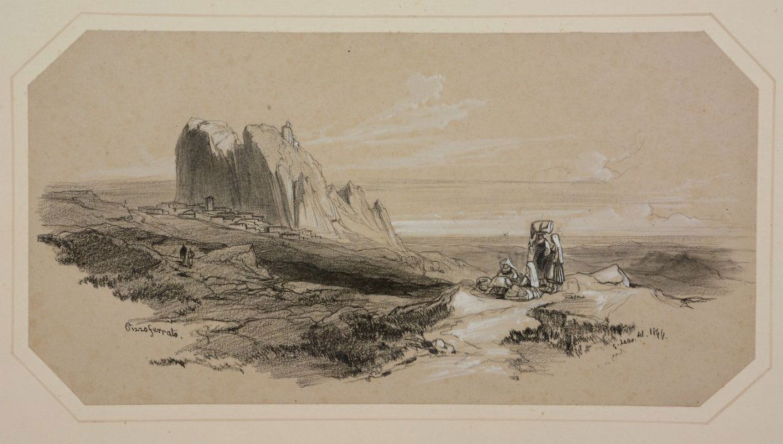 Edward Lear (1812 - 1888) - Pizzoferrato, 1844: Black chalk, pencil, heightened with white, on light buff paper, Signed and dated 1844 lower right, inscribed Pizzoferrato lower left 14 x 26.5 cm. (5 1/2 x 10 1/2 in), corners trimmed Unframed Proven