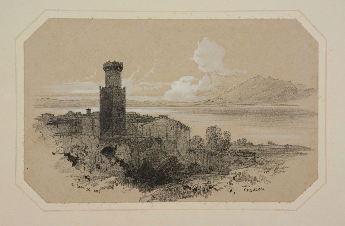 Edward Lear (1812 - 1888) - Trasacco, 1844: Black chalk, pencil, heightened with white, on light buff paper Signed and dated 1844 lower left, inscribed Trasacco lower right 13.5 x 22 cm. (5 1/4 x 8 3/4 in), corners trimmed Unframed Provenance:J