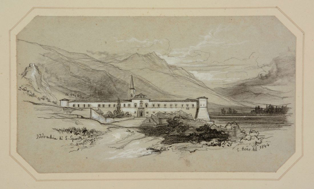 Edward Lear (1812 - 1888) - L'Abbazia di Santo Spirito,: Black chalk, pencil, wash, heightened with white, on light grey paper Signed and dated 1844 lower right, inscribed [sic] Abaddia di S. Spirito lower left 8.5 x 15.5 cm. (3 1/4 x 6 1/4 in), corners tri