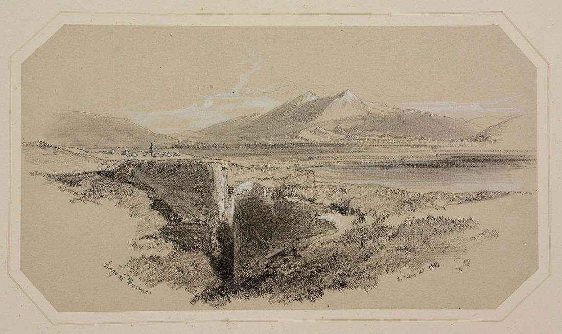 Edward Lear (1812 - 1888) - Lago di Fucino, 1844: Black chalk, pencil, touches of wash, heightened with white, on light grey coloured laid paper Signed and dated 1844 lower right, inscribed Lago di Fucino lower left 14 x 26 cm. (5 1/2 x 10 1/4 in), c