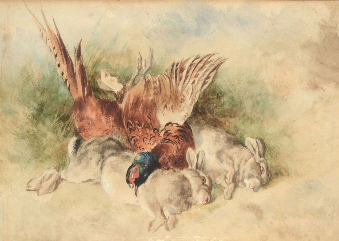 Heywood Hardy (1842-1933) - Still life with two hares: Watercolour, over pencil, on buff paper 17.5 x 25 cm. (6 7/8 x 9 3/4 in) Provenance: The artist's family, by descent to Charles David Hardy Ivens, great grandson of the artist; Private collection, UK.
