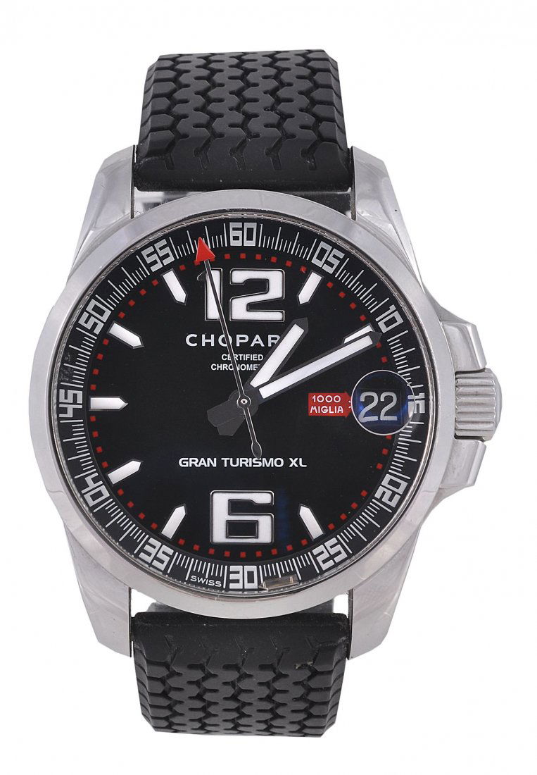 Chopard, Gran Turismo XL, Ref. 8997, a gentleman: Chopard, Gran Turismo XL, Ref. 8997, a gentleman's stainless steel automatic wristwatch with date, no. 1558262 , circa 2005, automatic movement, 25 jewels, black dial, applied luminous baton numerals,