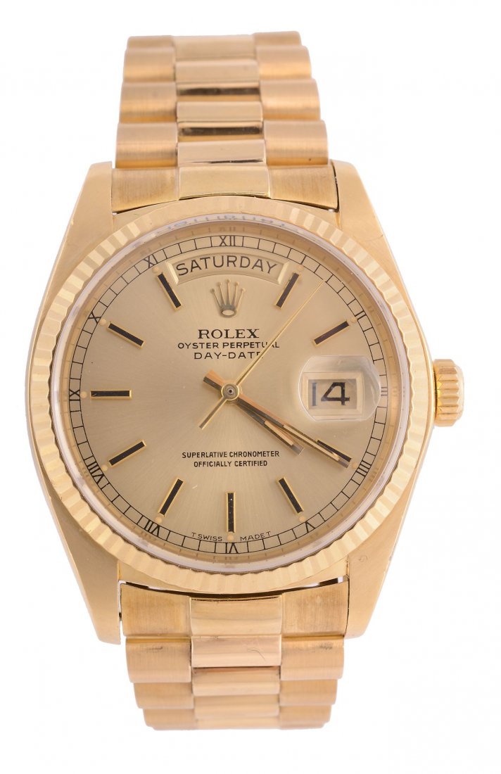Rolex, Oyster Perpetual, Day- Date, Ref. 18038: Rolex, Oyster Perpetual, Day- Date, Ref. 18038, an 18 carat gold centre seconds automatic bracelet watch with date, no. 6087530, circa 1980, cal. 3055, no. 0249307, automatic movement, 27 jewels, adju