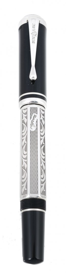 Montblanc, Writers Edition, Marcel Proust, a limited: Montblanc, Writers Edition, Marcel Proust, a limited edition fountain pen, no. 10568/21000, issued in 1999, the hexagonal silver barrel set engraved silver and engine turned panels to the black resin 