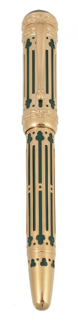 Montblanc, Patron of the Arts Series, Peter the Great: Montblanc, Patron of the Arts Series, Peter the Great, a limited edition fountain pen, no.2323/4810, issued in 1997, the green resin cap and barrel with gold plated overlay, and bands with laurel leaf