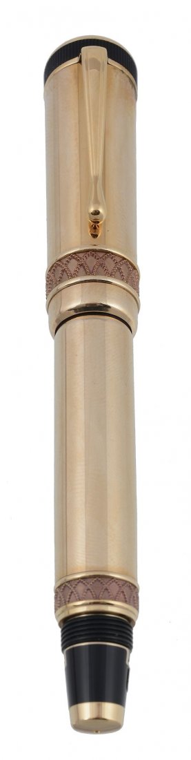 Montblanc, Patron of the Arts Series, Friedrich II The: Montblanc, Patron of the Arts Series, Friedrich II The Great, a limited edition fountain pen, no. 2615/4810, issued in 1999, the gold plated cap and barrel with interlinking arch detail, with a retrac