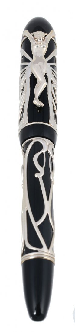 Montblanc, Patron of the Arts Series, Andrew Carnegie: Montblanc, Patron of the Arts Series, Andrew Carnegie, a limited edition fountain pen, no. 2458/4810, issued in 2002, the black resin barrel and cap with silver overlay, the clip in the form of a nude