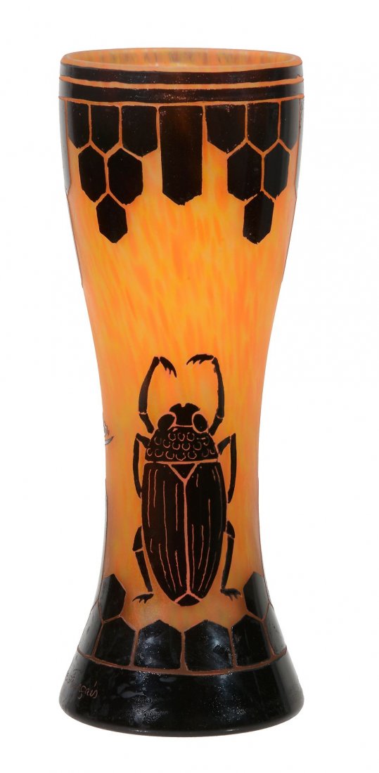 A Le Verre Francais Scarabee cameo glass vase by: A Le Verre Francais Scarabee cameo glass vase by Schneider, designed by Charles Schneider circa 1923, decorated with two scarab beetles in rust on an orange ground, marked Charder to the side and Le V