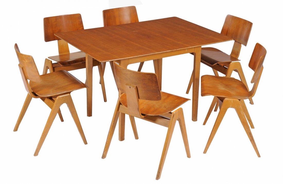Robin Day for Hille, a Hillestak dining suite, of a: Robin Day for Hille, a Hillestak dining suite, of a sideboard, 76cm high, 137.5cm wide, 46cm deep; a table, 73cm high, 121cm wide, 83.5cm deep; and six dining chairs, 75cm high, beech, plywood and wal