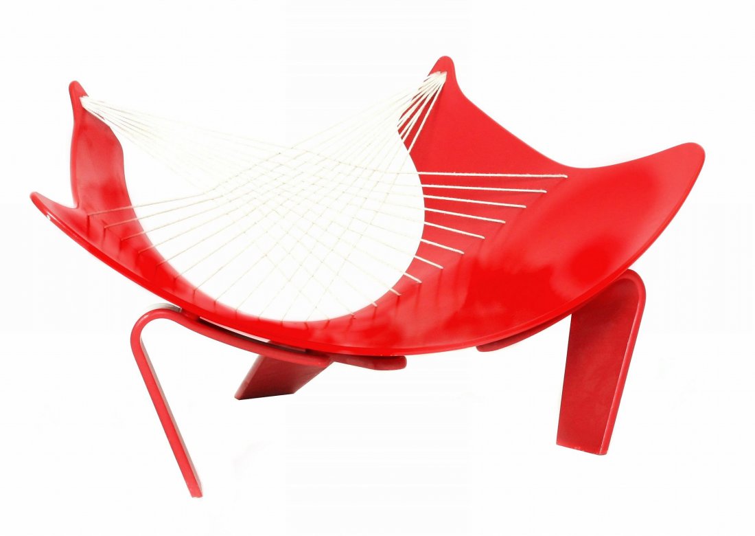 Peter Karpf for Christensen & Larsen, a Wing lounge: Peter Karpf (b. 1940) for Christensen & Larsen, a Wing lounge chair, circa 1966, red lacquered plywood and string, 62cm high, 124cm wide Purchased from Jerome Sohier, rue Sainte Anne, Brussels on 22nd