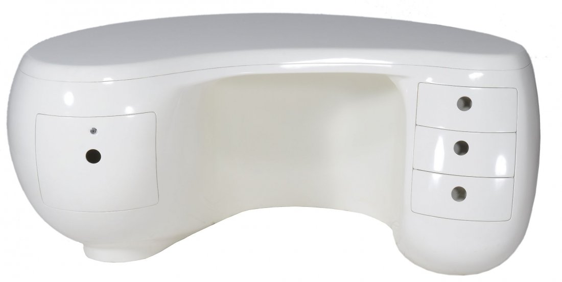 Maurice Calka for Leleu-Deshays, a Boomerang desk,: Maurice Calka for Leleu-Deshays, a Boomerang desk, circa 1970, white finished fibreglass and chrome-plated metal, interior footwell of desk moulded with CREATION M. CALKA/EDITION LELEU DESHAYS , 74cm