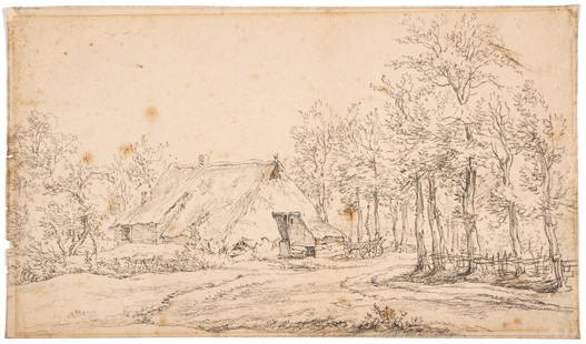 Egbert van Drielst (1746-1818) - Woodland farmstead: Pencil on laid paper Signed in ink on verso 22.5 x 37.5cm (8 7/8 x 14 3/4 in) Unframed
