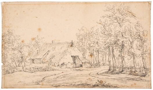 Egbert van Drielst (1746-1818) - Woodland farmstead: Pencil on laid paper Signed in ink on verso 22.5 x 37.5cm (8 7/8 x 14 3/4 in) Unframed