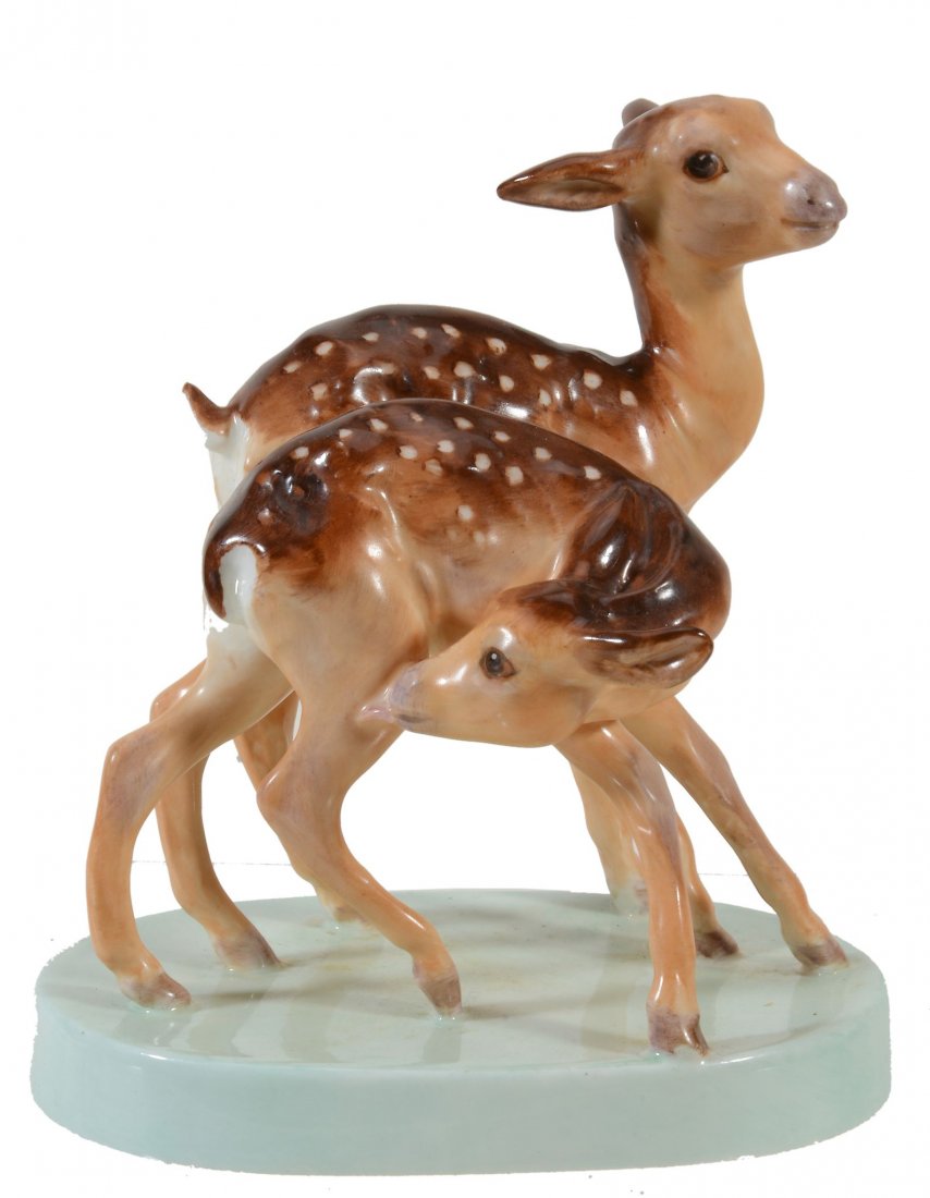 A Royal Worcester animal group; 'Young Spotted Deer': A Royal Worcester animal group; 'Young Spotted Deer', modelled by Doris Lindner , date code for 1954, model no. 3316 , green printed mark, 13.5cm high