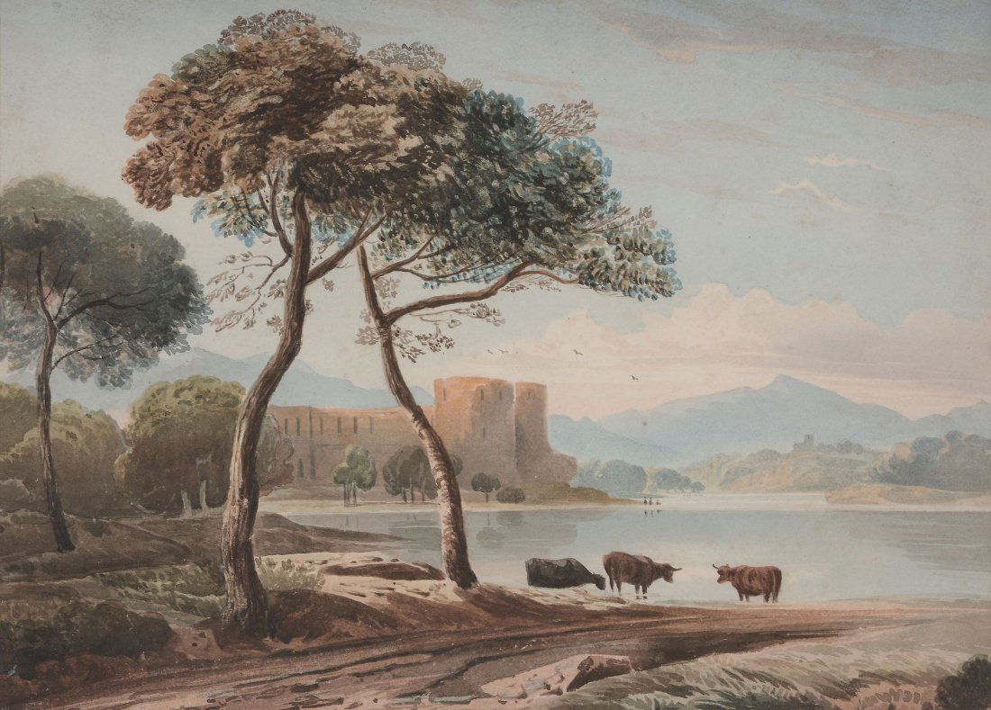 Circle of John Varley (1778-1842) - A lake scene with: Watercolour over graphite 29.5 x 41.5 cm. (8 1/2 x 16 1/4 in) Provenance: Beryl Kendall (The English Watercolour Gallery), London (gallery label on reverse)