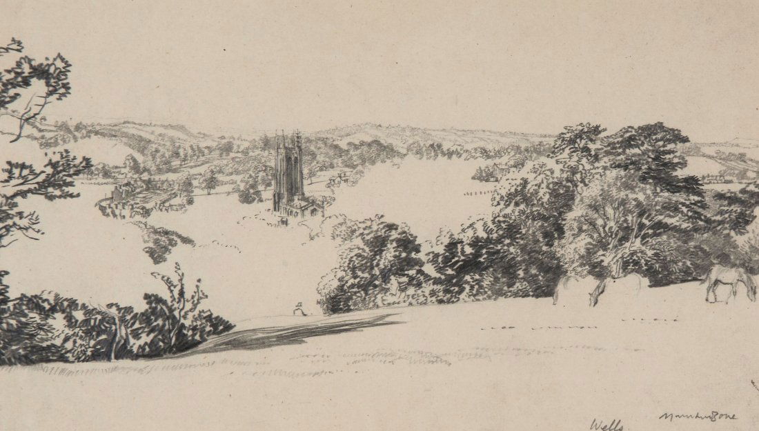 Sir Muirhead Bone HRSA, NEAC (1876-1953) - Wells,: Pencil drawing Signed and titled lower right 12.5 x 22cm (4 7/8 x 8 5/8 in) Provenance: P. & D. Colnaghi label inscribed Given by D.S. MacColl (formerly Keeper of the Tate Gallery) to R.A. Wilson in 1