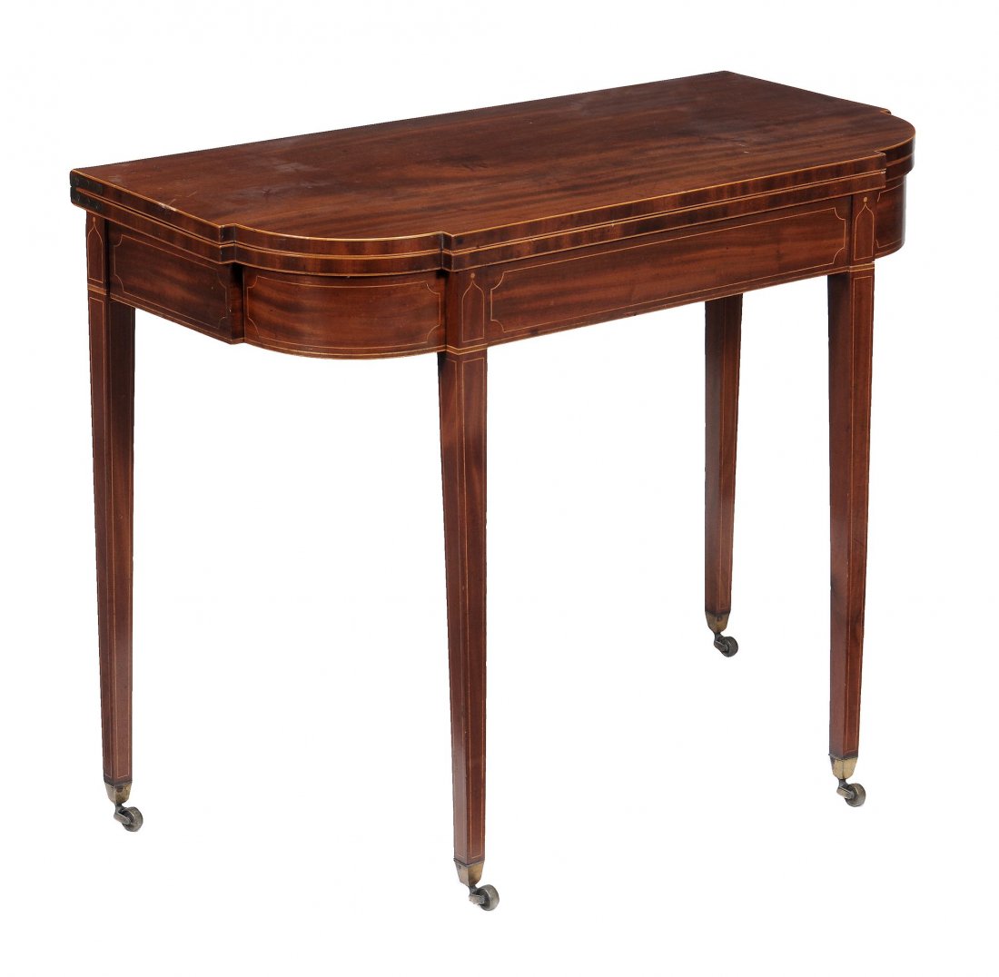 A near pair of George III mahogany and inlaid tea: A near pair of George III mahogany and inlaid tea tables, circa 1790, each with breakfront top and rounded corners on square tapering legs, one with brass caps and castors 74cm high, 92cm wide, 46cm d