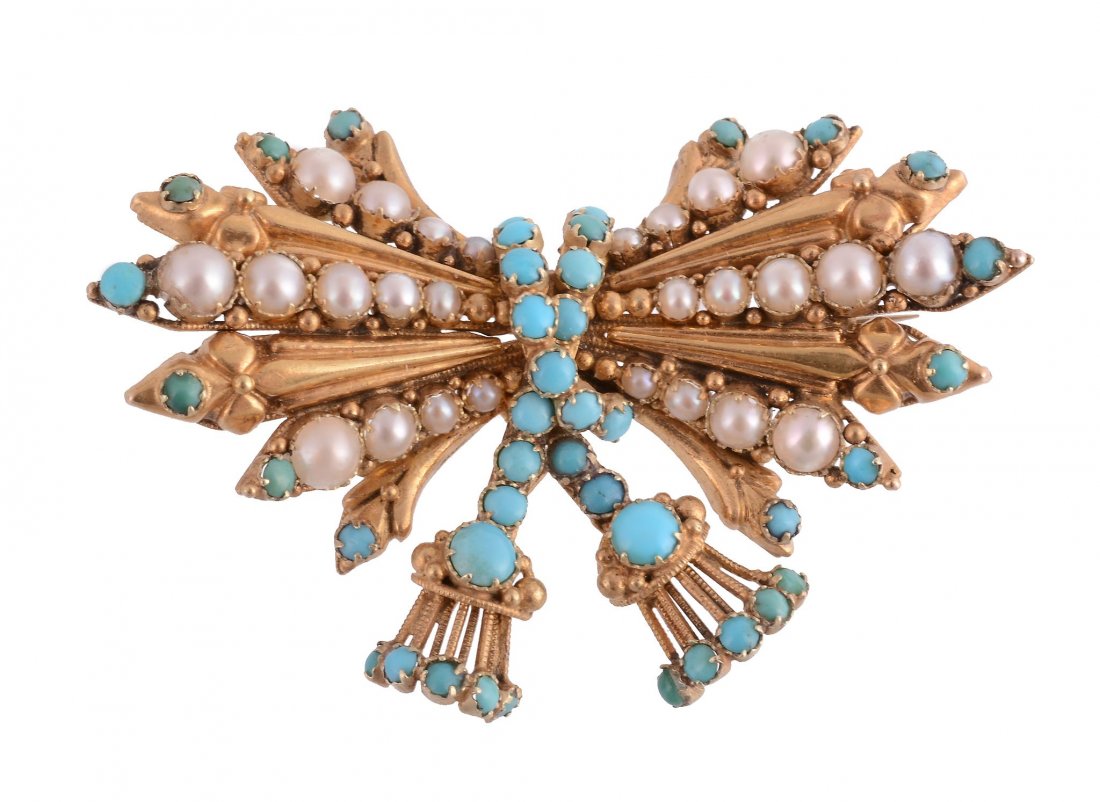 A 19th century gold turquoise and pearl tasselled bow: A 19th century gold turquoise and pearl tasselled bow brooch, circa 1840, of radiating design with graduated half pearl set bars and polished shaped bars between with turquoise terminals, with central