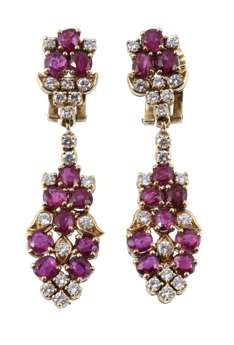 A pair of ruby and diamond ear pendants , the oval cut (1 of 2)