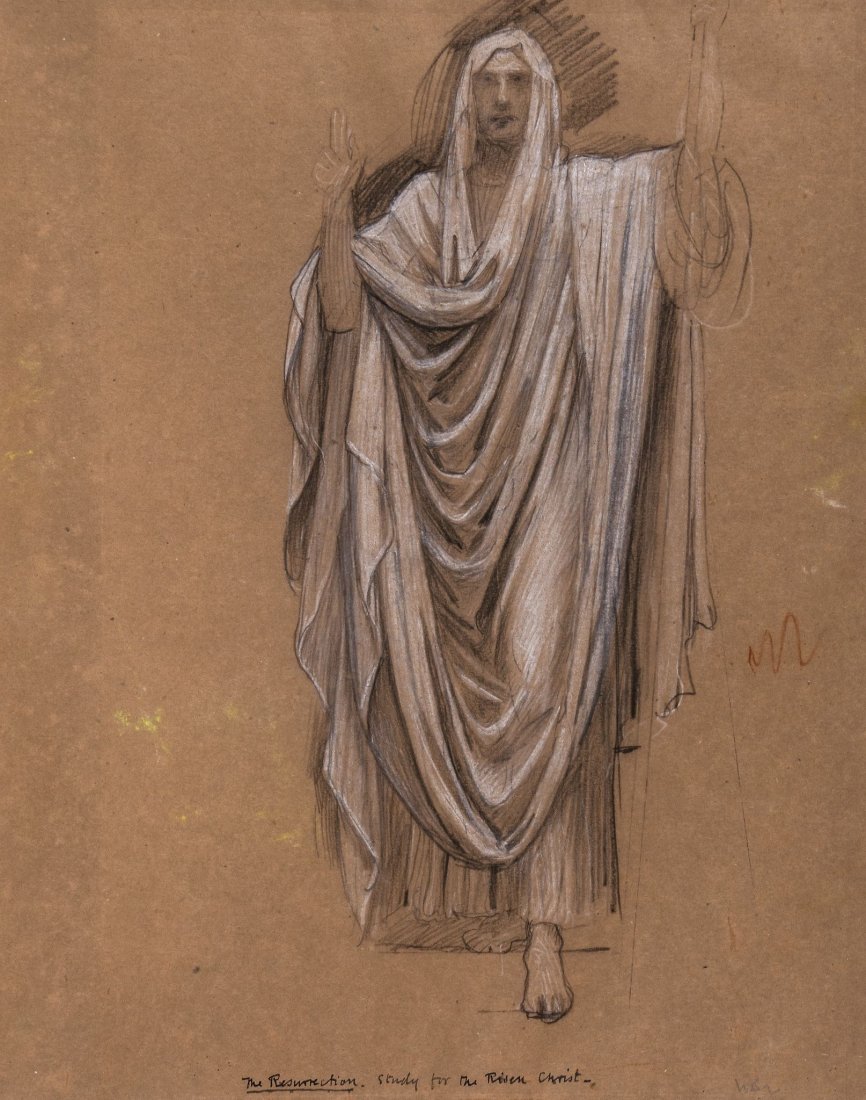 Sir William Blake Richmond (1842-1921) - Drapery study: Black chalk, heightened with white, over graphite, on buff wove paper Inscribed by a later hand The Resurrection. Study for the Risen Christ., lower centre, and bears initials W.B.[?]r. lower right 44