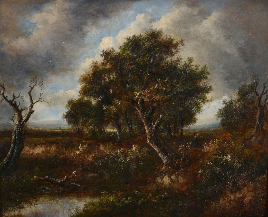 Follower of John Constable (1776-1837) - A riverside: Oil on panel Bears signature J.Constable lower right 44 x 55 cm. (17 1/4 x 21 7/8 in)