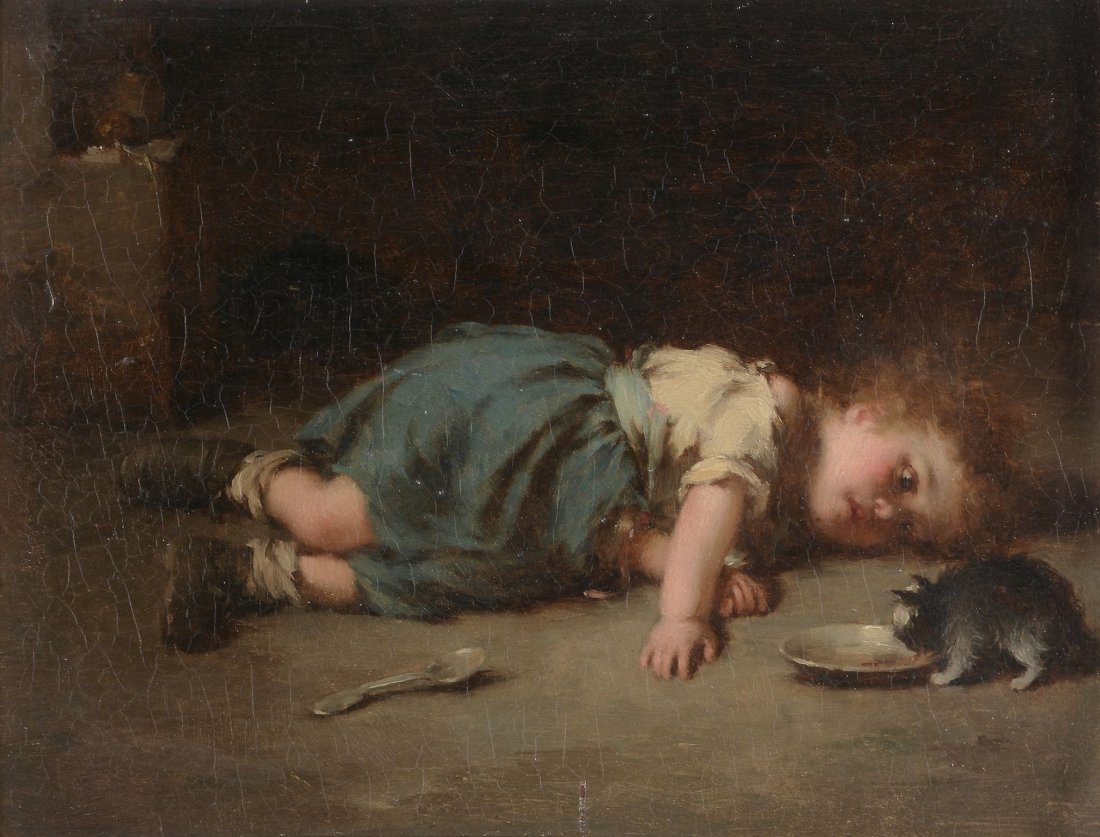 English School (19th Century) - Young girl watching a (1 of 2)