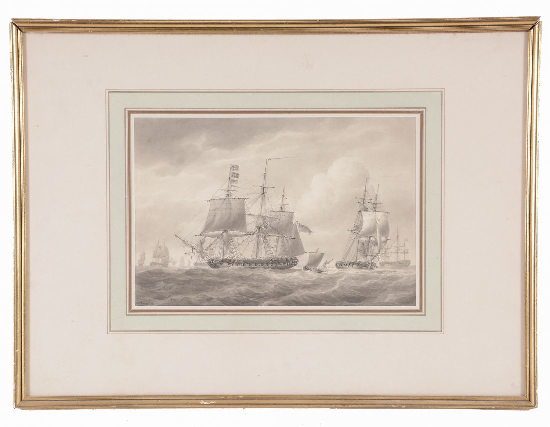 Nicholas Pocock (1741-1821) - British Squadron at Sea: Pen and black ink, monochrome watercolour Signed and dated 1810 lower left 21 x 31.5 cm. (18 1/4 x 12 1/4 in) Provenance: Royal Exchange Art Gallery, London (label on reverse)