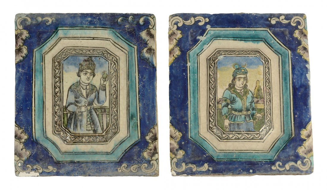 A large pair of Qajar Persian Tiles, 19th century, 41cm (1 of 3)
