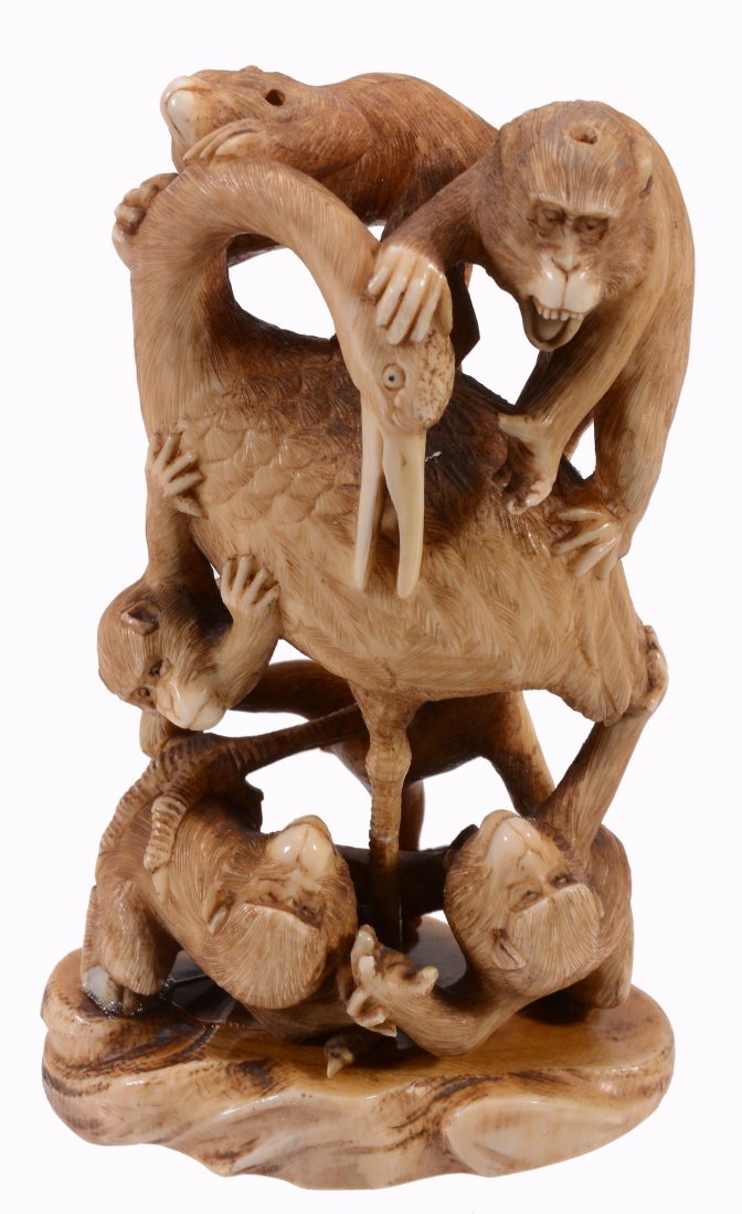 An Ivory Okimono of Macaques , the six apes depicted (1 of 1)