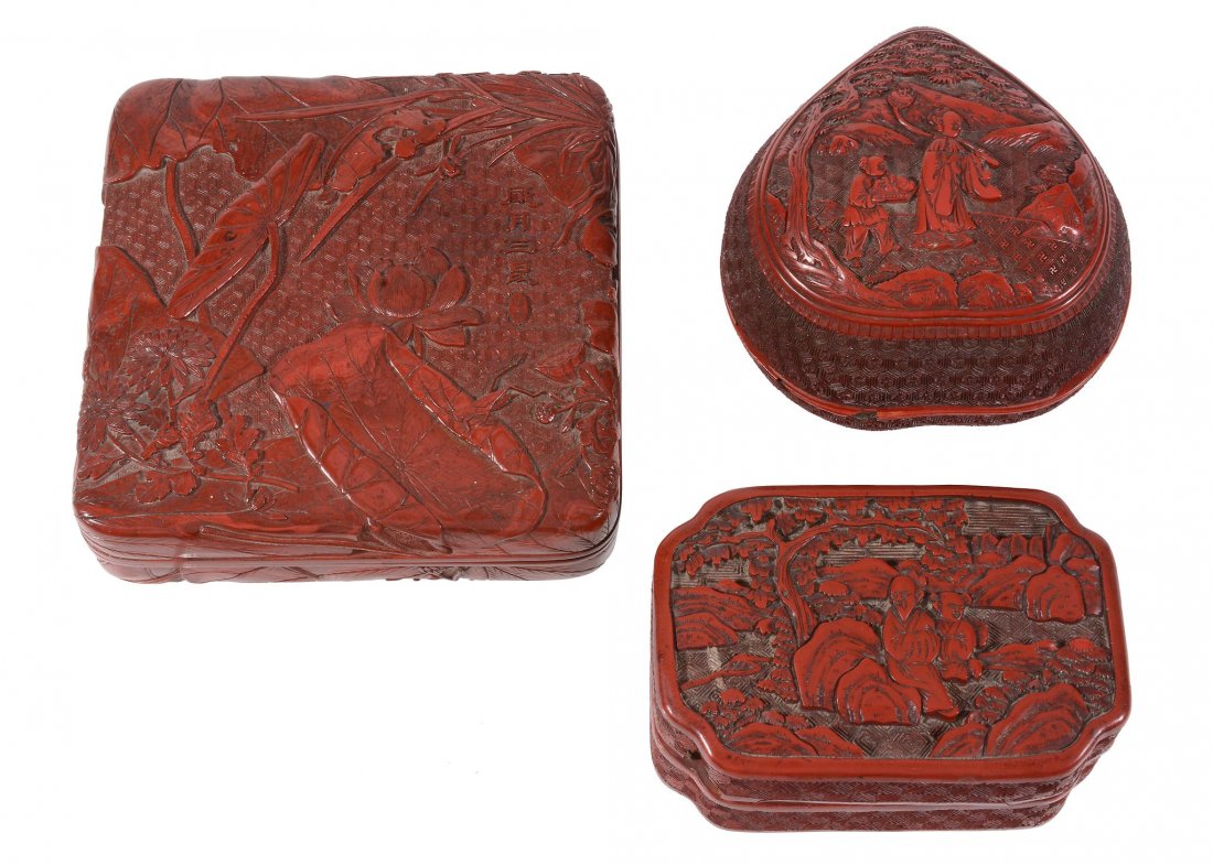 -1 A Chinese peach-shaped cinnabar lacquer box and (1 of 3)
