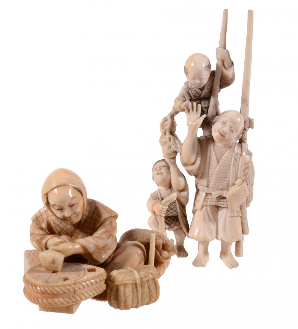 An Ivory Okimono of a Farmer, he firmly holds a ladder: An Ivory Okimono of a Farmer, he firmly holds a ladder that is strapped to his back as one of his sons who has climbed it hands sawn off branches down to him and his brother beneath, black etched deta
