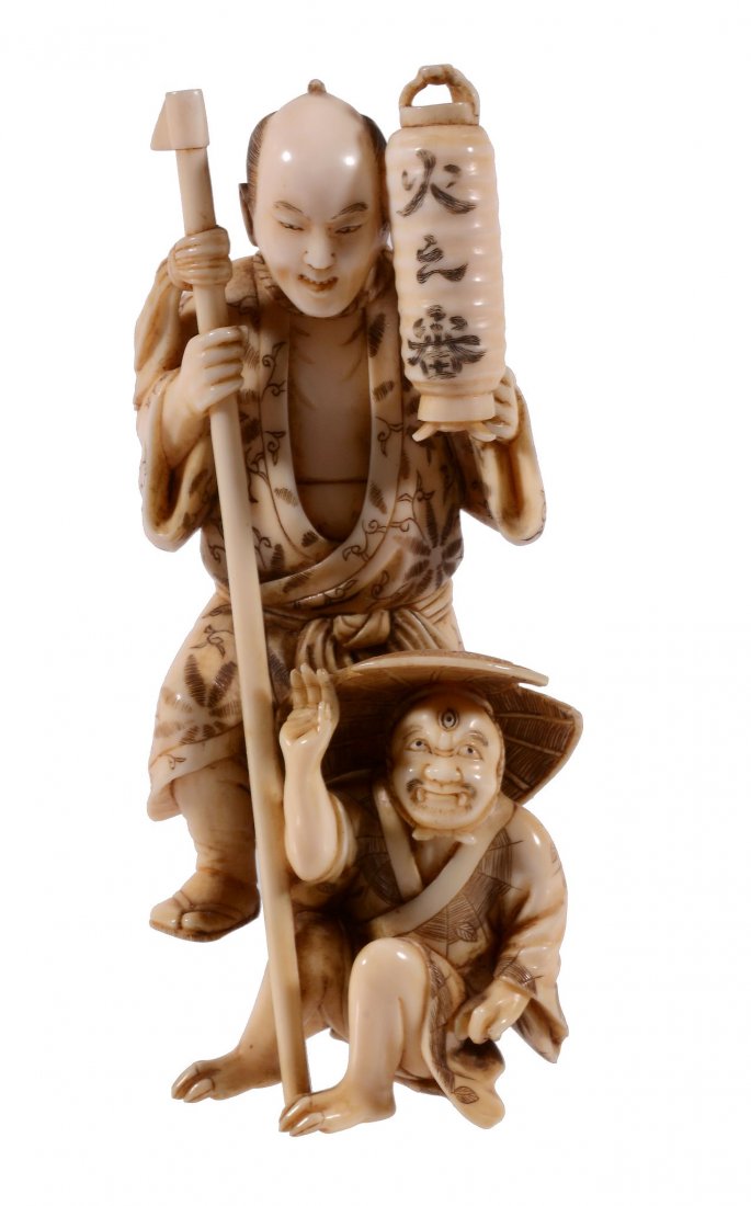 A Good Ivory Okimono of a Night Watchman (1 of 3)