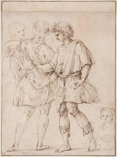 Circle of Lodovico Carracci (1555-1619) - Standing: Pen and brown ink on laid paper, laid onto support with ruled brown ink border Various inscriptions verso including attributions: Giorgione?/ Palma il Vecchio? 33 x 24.5 cm. (13 x 9 3/4 in) Unframed P