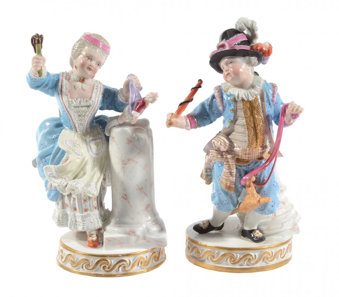 A pair of Meissen models of children, late 19th: A pair of Meissen models of children, late 19th century, 15cm & 16cm high, blue crossed swords marks