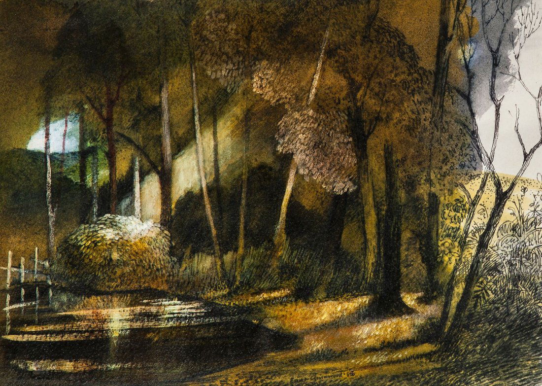 Ernest Greenwood (1913-2009) - The Forest Pool: Pen and black ink, watercolour, varnish Signed and dated ƒ lower centre 21.5 x 30.5 cm. (8 1/2 x 12 in) Provenance: Chris Beetles, London (gallery label on reverse) IMPORTANT: This lot is sold su