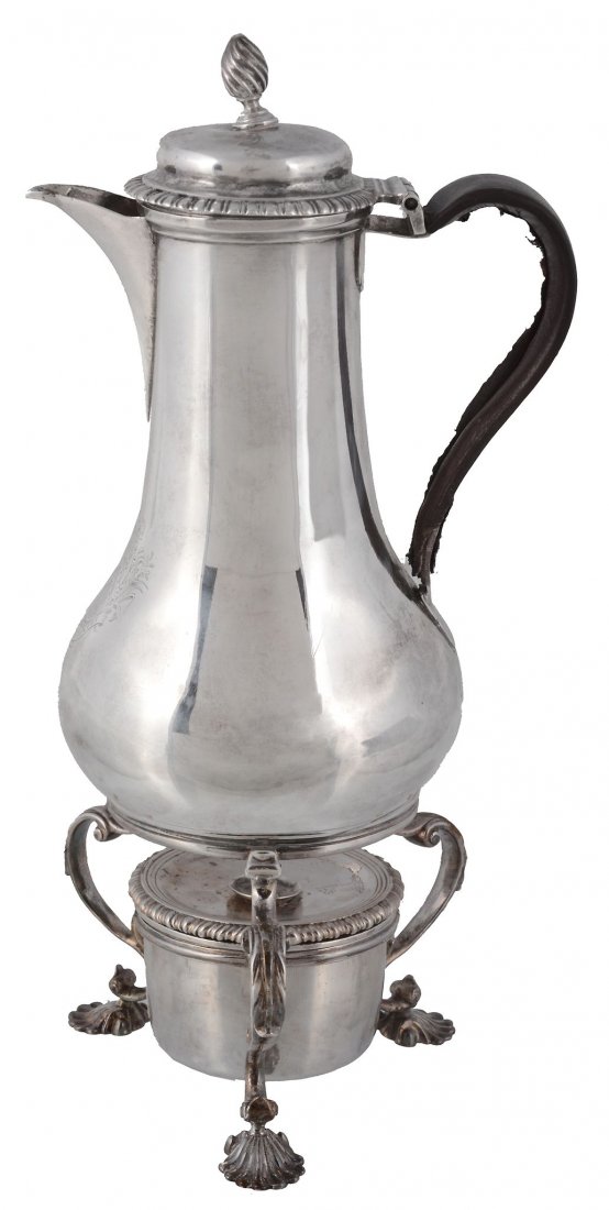 A George III silver coffee jug on an associated stand, (1 of 3)