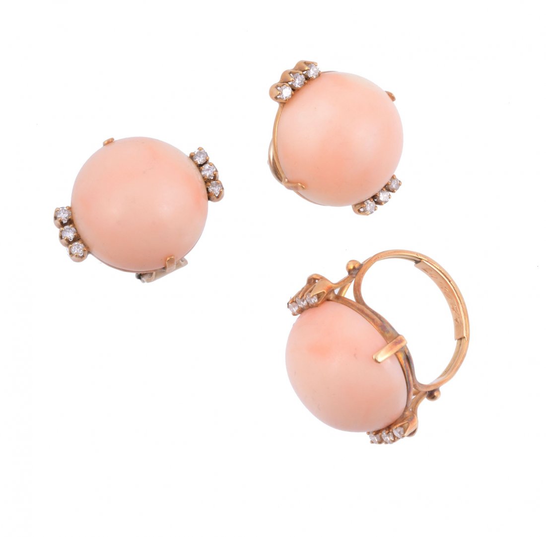 A coral and diamond demi parure, comprising a pair of (1 of 1)