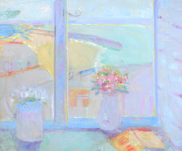 Rose Hilton (b.1931) - Window at St. Ives: Oil on canvas Signed and titled on reverse 51 x 61 cm.(20 x 24 in) IMPORTANT: This lot is sold subject to Artists Resale Rights, details of which can be found in our Terms and Conditions.