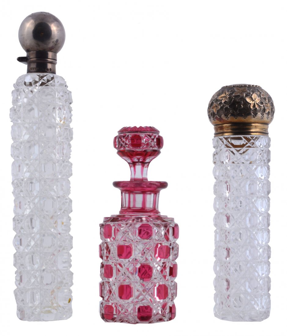 Three Cut Glass Scent Or Dressing Table Bottles, All