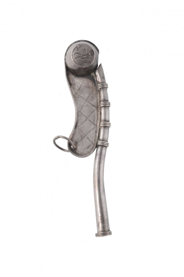 A Chinese export silver small bosun's call by Zheng Li,: A Chinese export silver small bosun's call by Zheng Li, Canton circa 1860-1900, with four triple bands on the gun, the keel with cross hatched design, the barrel shaped buoy with incised fouled anchor